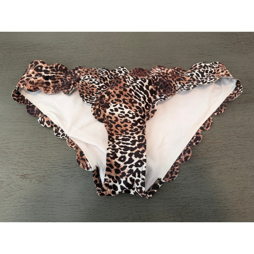 Jessica Simpson Leopard Print Scalloped Bikini Bottom Brown Black Small